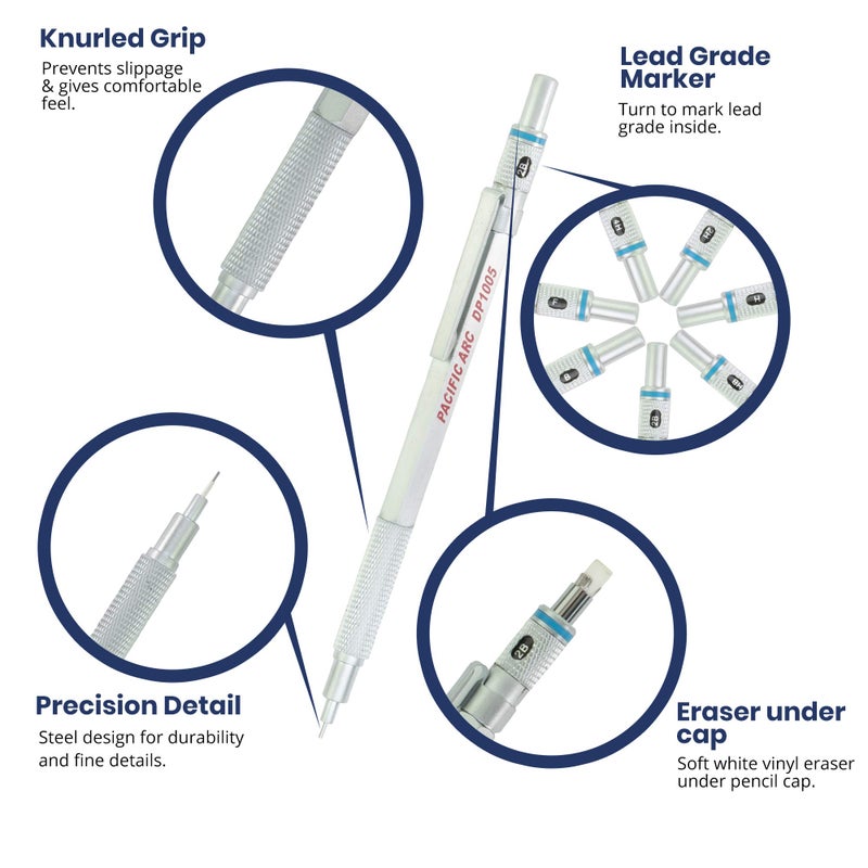 Pacific Arc Chromagraph Metal Mechanical Pencil .5 mm Silver Barrel Mechanical Pencil with Built In Lead Pencil Grade Indicator, Lead Pencil Holder for Drafting, Sketching, and Drawing - Image 3